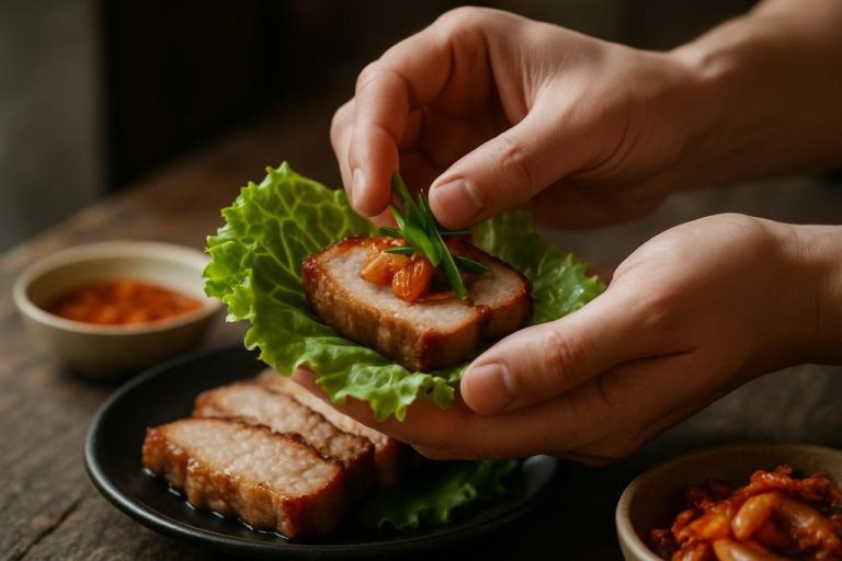 Bossam (보쌈) – Porc bouilli à trancher et rouler dans des feuilles